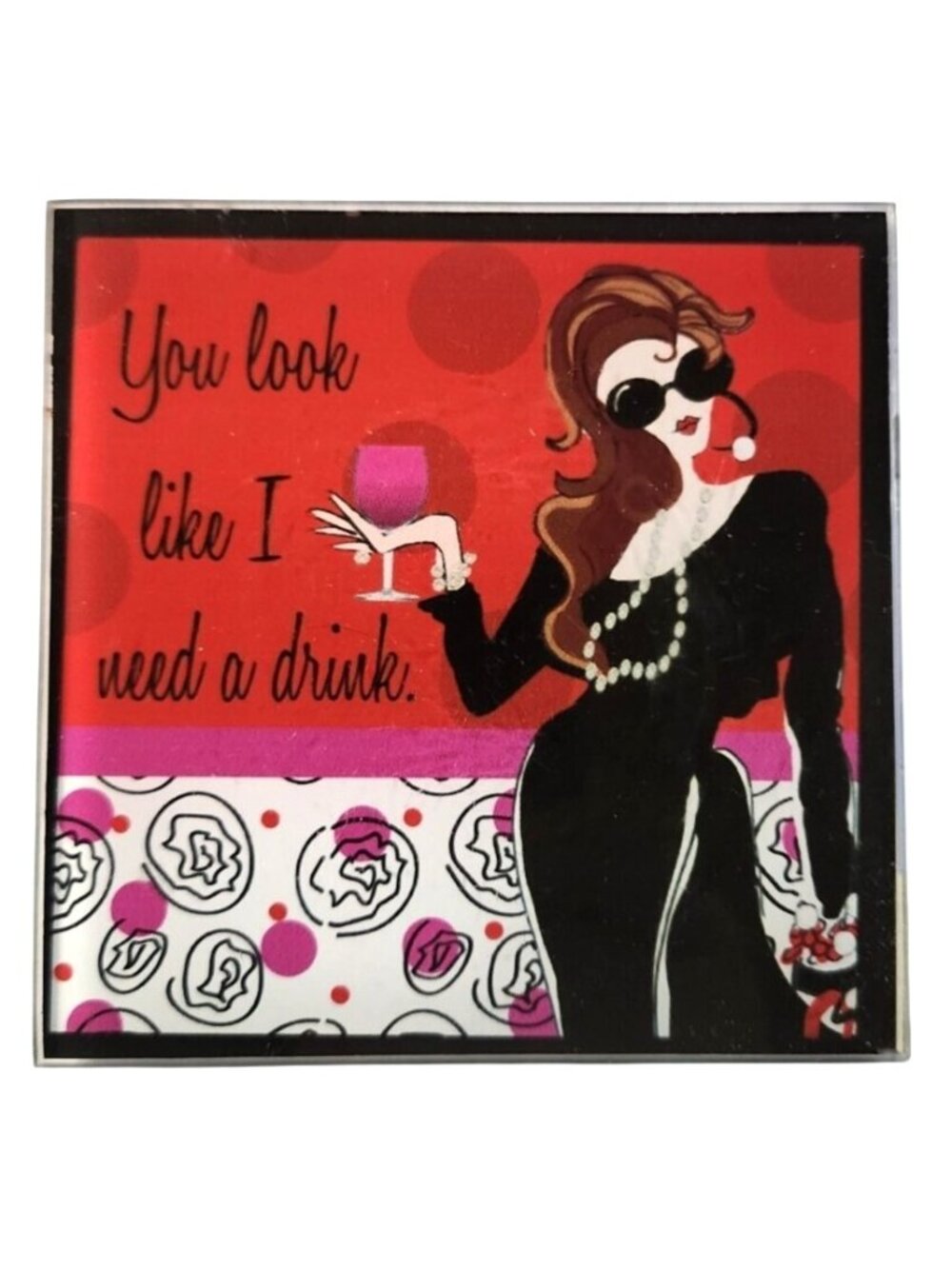 Set of 4 Glass Coasters Wooden Caddy Delish Girls Wine Friendship Gift retro